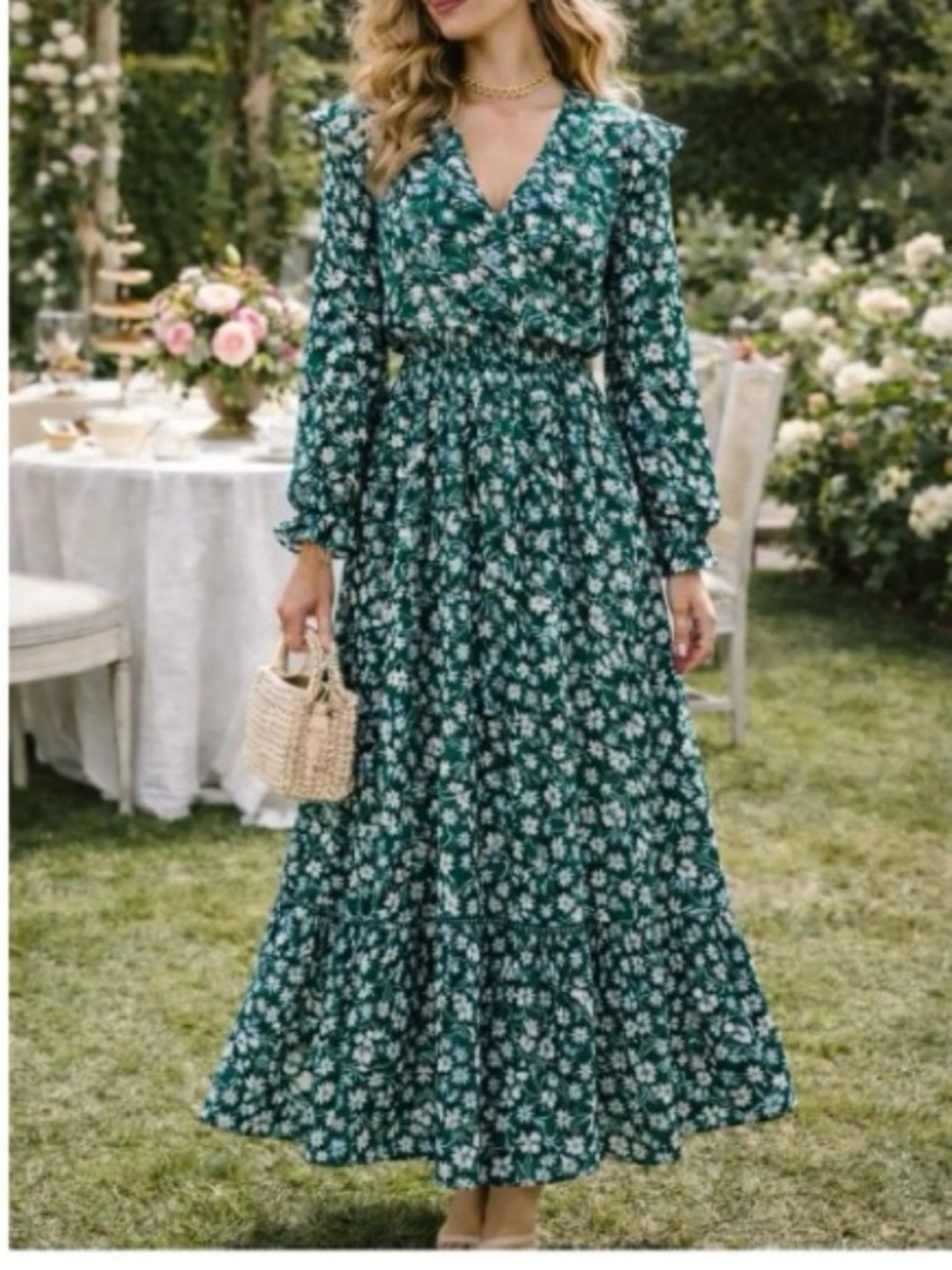 Misa Los Angeles Emerald Floral Ruffle Maxi Dress